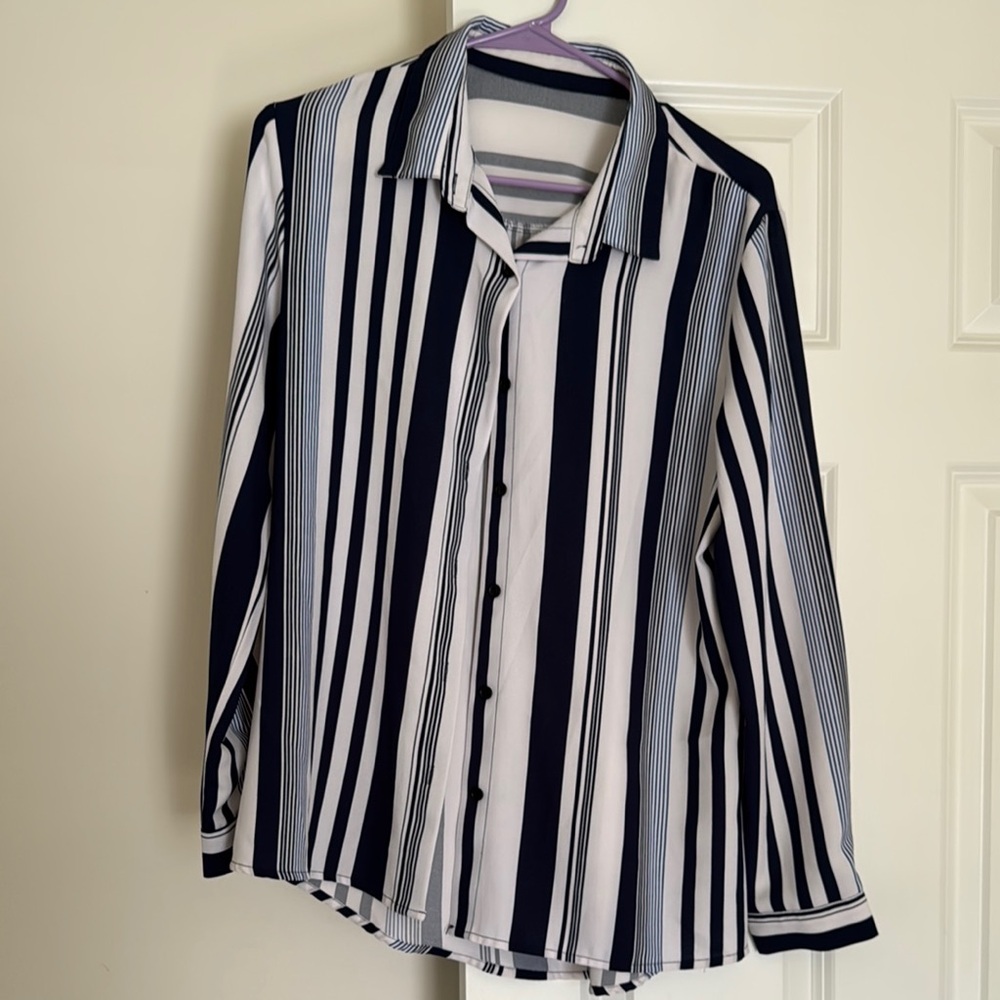 White and Blue Button Down Shirt with Vertical Stripes